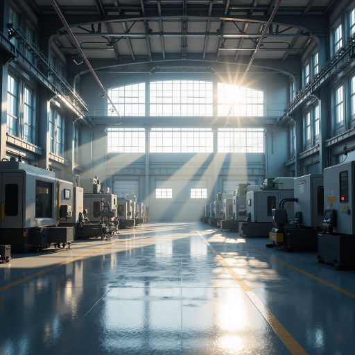 大型机械制造厂车间内部，各种大型机械设备，工人在操作，现代化工业环境