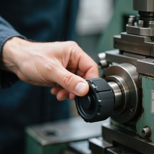 四十岁左右男性工人，穿灰色工作服，在机械加工车间操作车床，金属质感背景