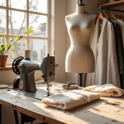 二十八岁左右女性工人，穿白色工作服，在纺织车间操作缝纫机，工业环境背景