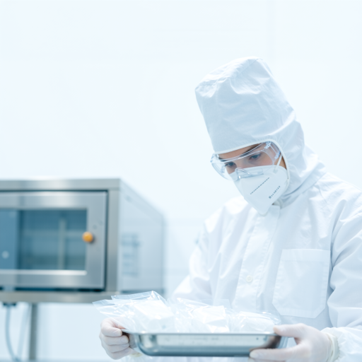 四十二岁左右男性工人，穿深蓝色工作服，在食品加工厂操作包装设备，洁净车间环境