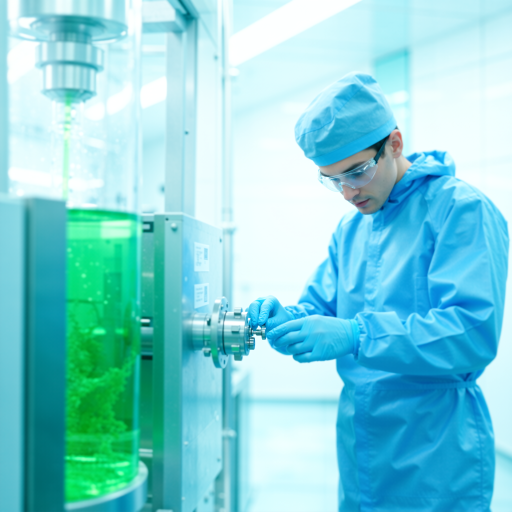 三十岁左右男性工人，穿白色工作服，在制药厂洁净车间操作设备，高科技工业环境