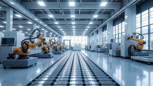 工业机器人在汽车生产线工作，自动化程度高的现代化工厂环境，科技感十足