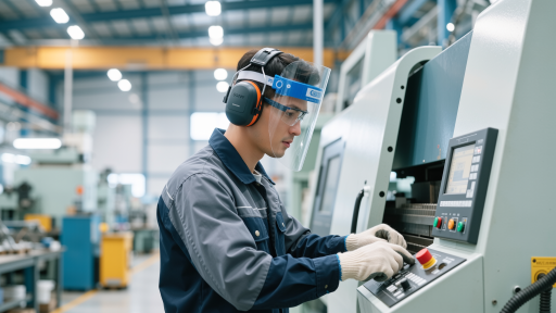 年轻工人在现代化车间工作，专注操作精密设备，积极向上的工作态度