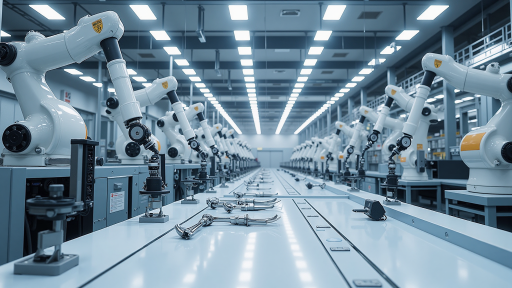 现代化智能工厂内部，机器人手臂在组装产品，高科技自动化生产线环境