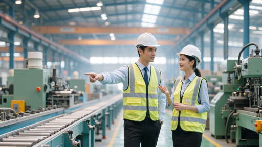 工厂安全培训现场，工人正在接受安全操作培训，讲师演示设备操作，重视安全的工业环境